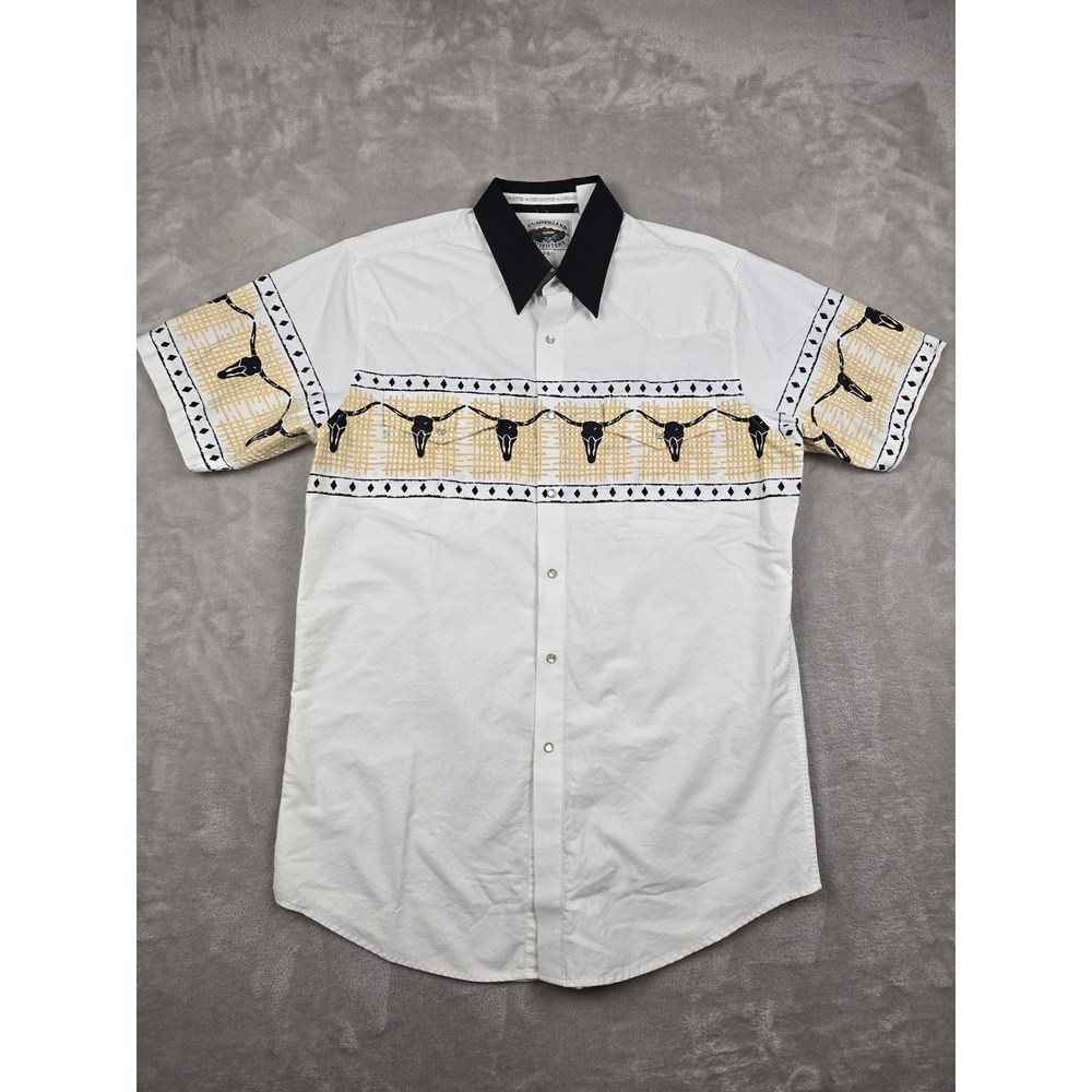 Vtg Cumberland Outfitters Western Pearl Snap Shirt Mens L White Longhorn Skull